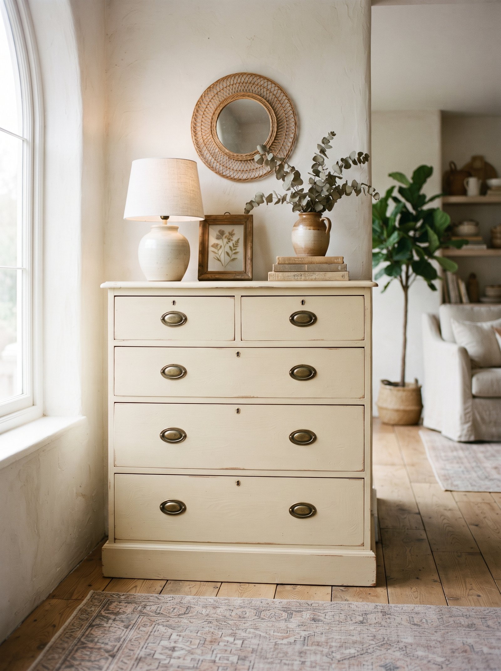 Thrifted wooden dining chair with the seat reupholstered in cream boucle fabric