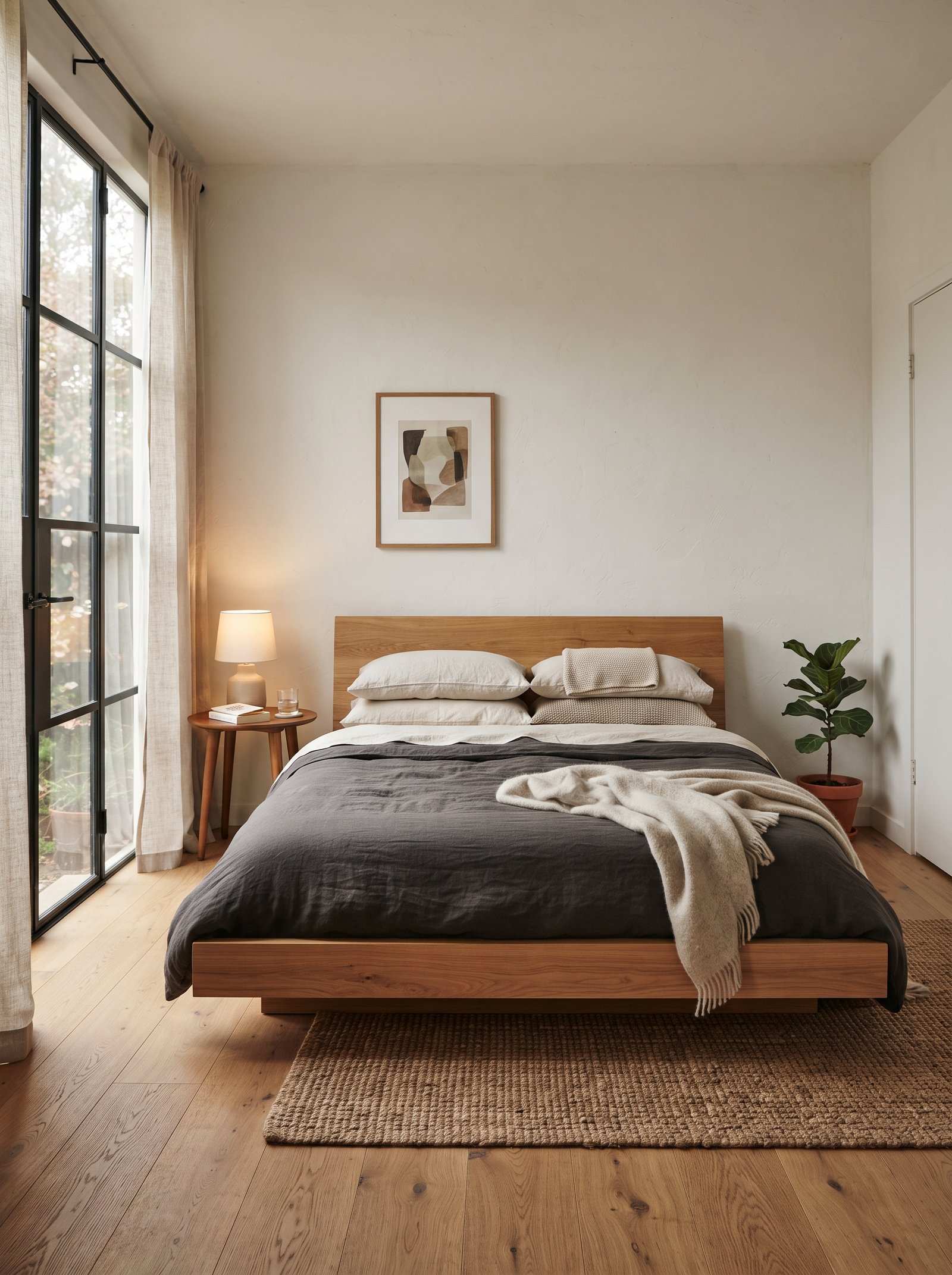 Small bedroom with a slim slatted bed frame letting light pass through underneath