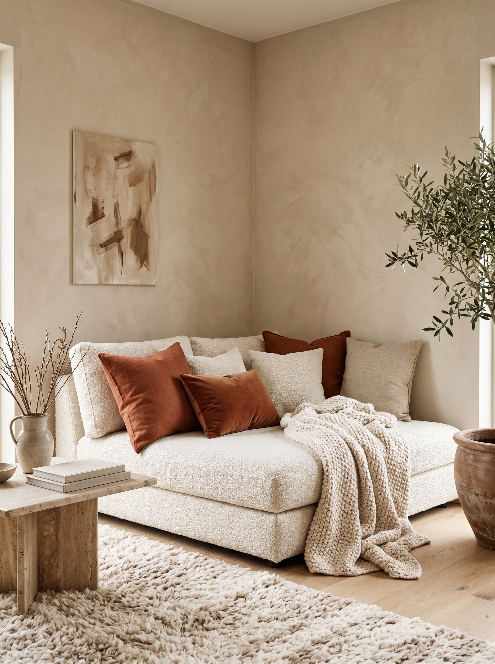 Terracotta armchair and matching terracotta ceramic vase in a room with beige walls and cream linens