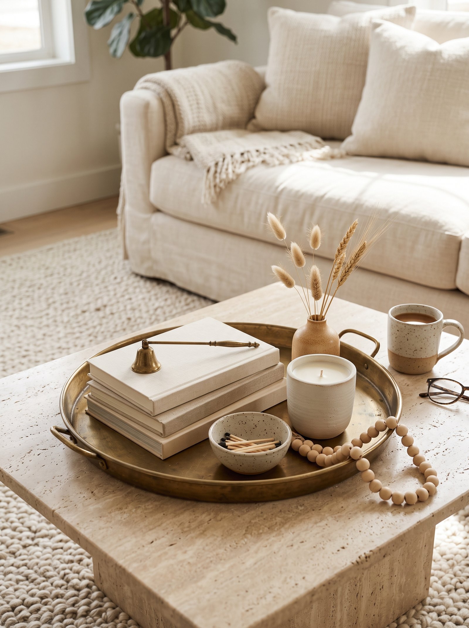 Tall vase with eucalyptus branches, medium stack of books, and a short ceramic bowl arranged on a coffee table