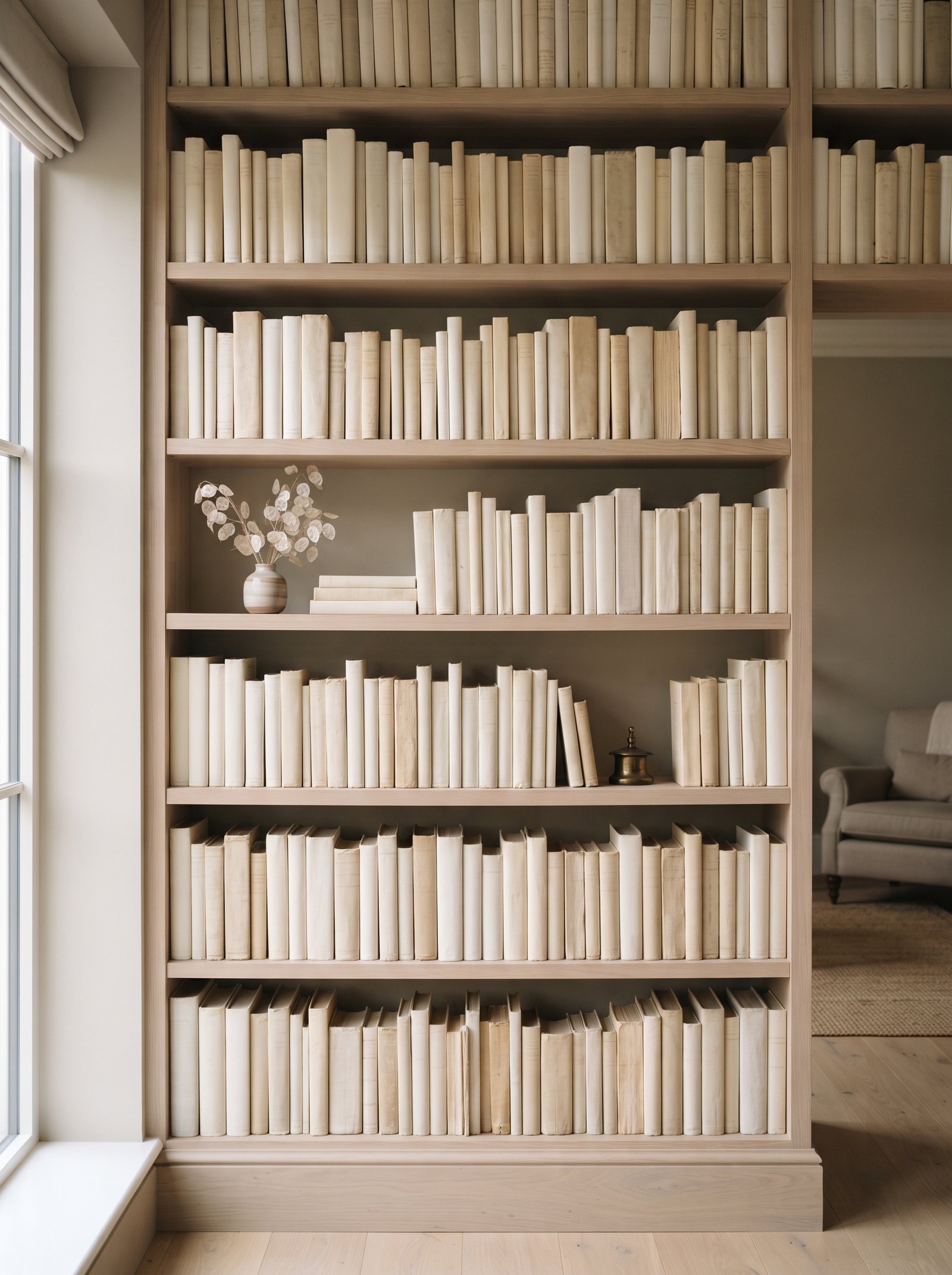 Bookshelf styled with books aligned to the front edge creating depth and shadow behind each row