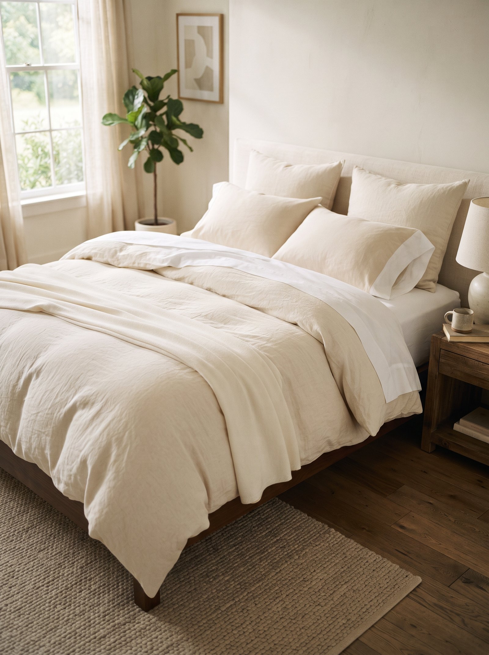 Flat sheet folded back over the duvet showing a crisp white cuff at the top of a made bed