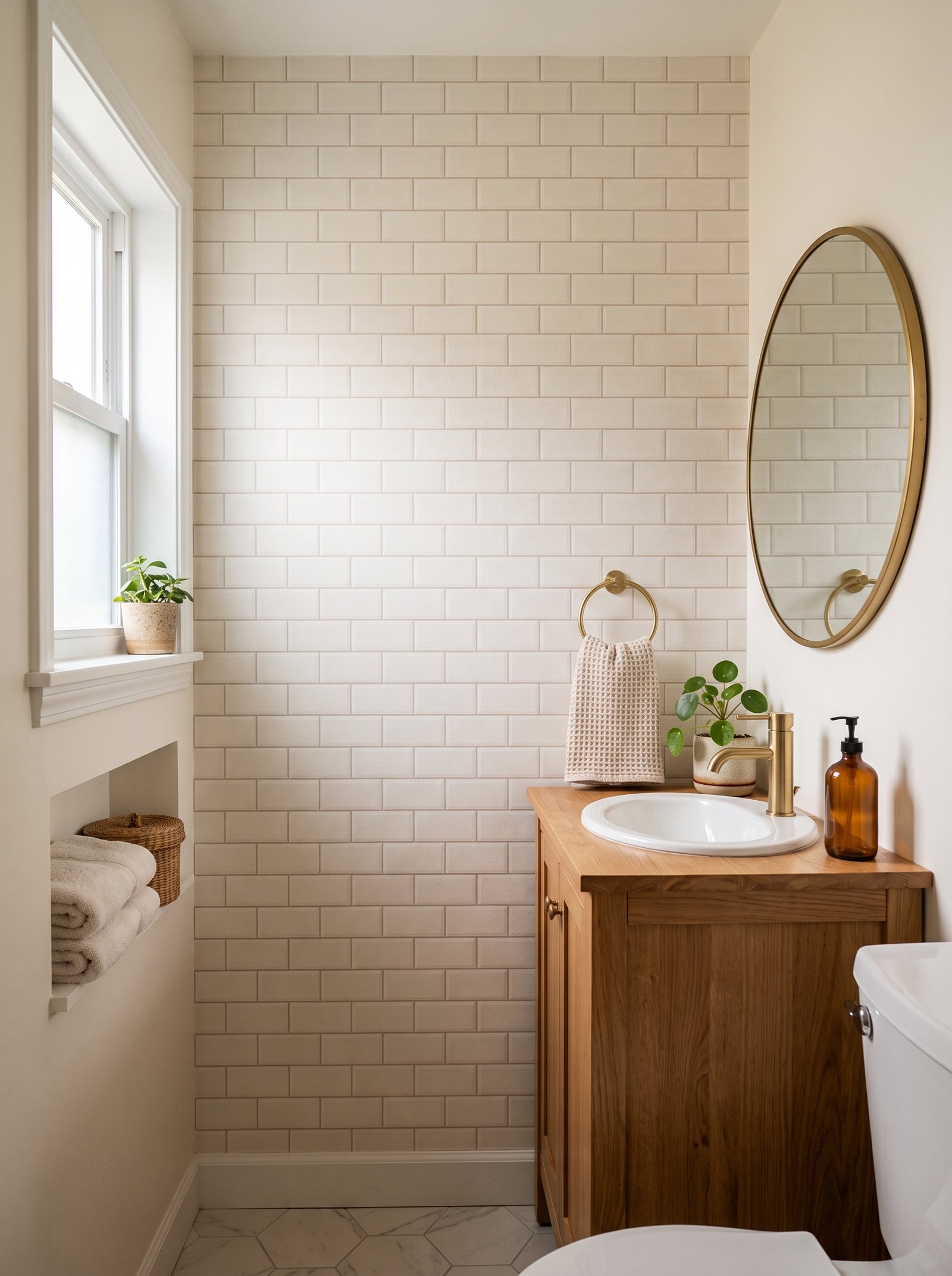 Faux tile peel-and-stick in the small bathroom