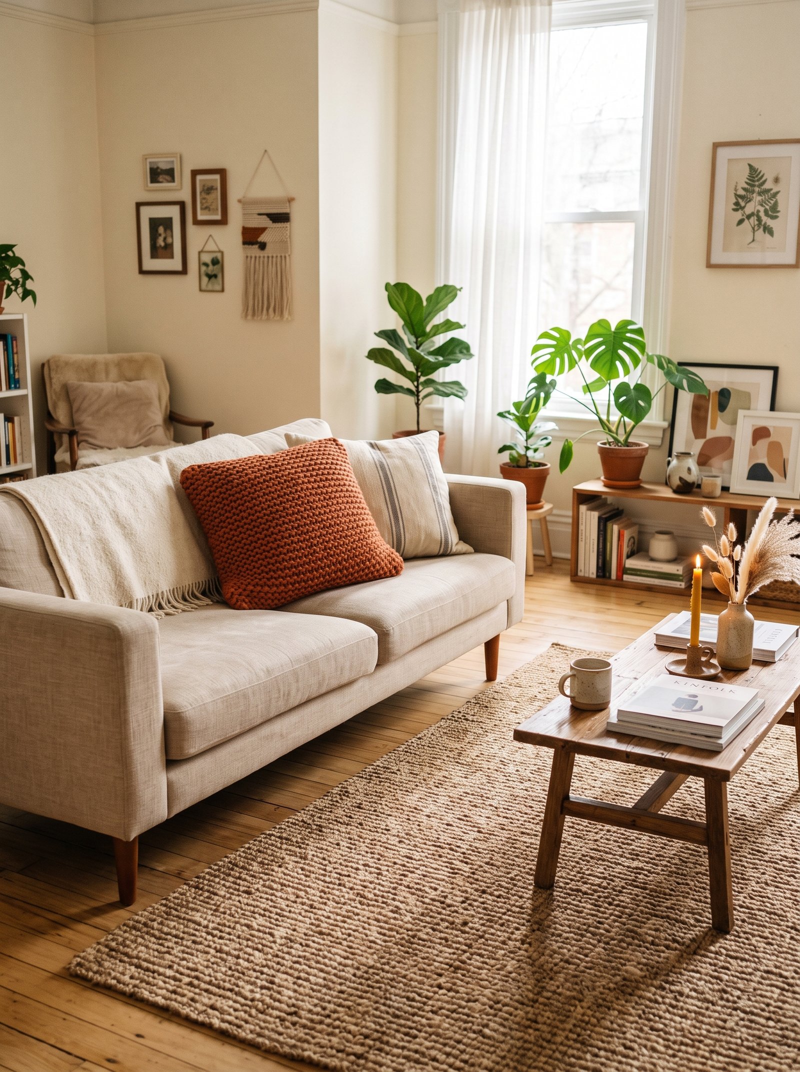 Layer warm textures — jute, boucle, terracotta