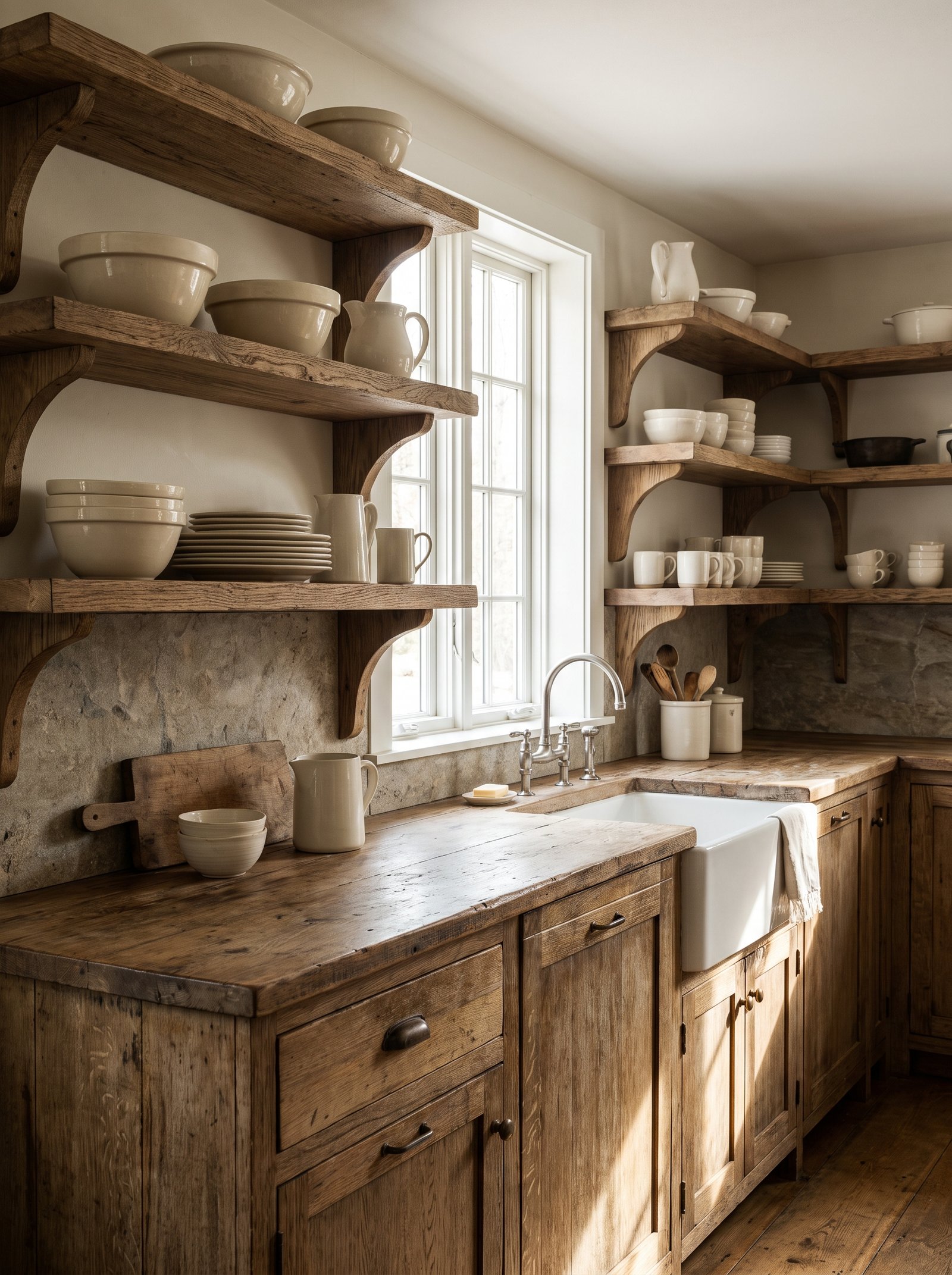 Add open wood shelves instead of upper cabinets
