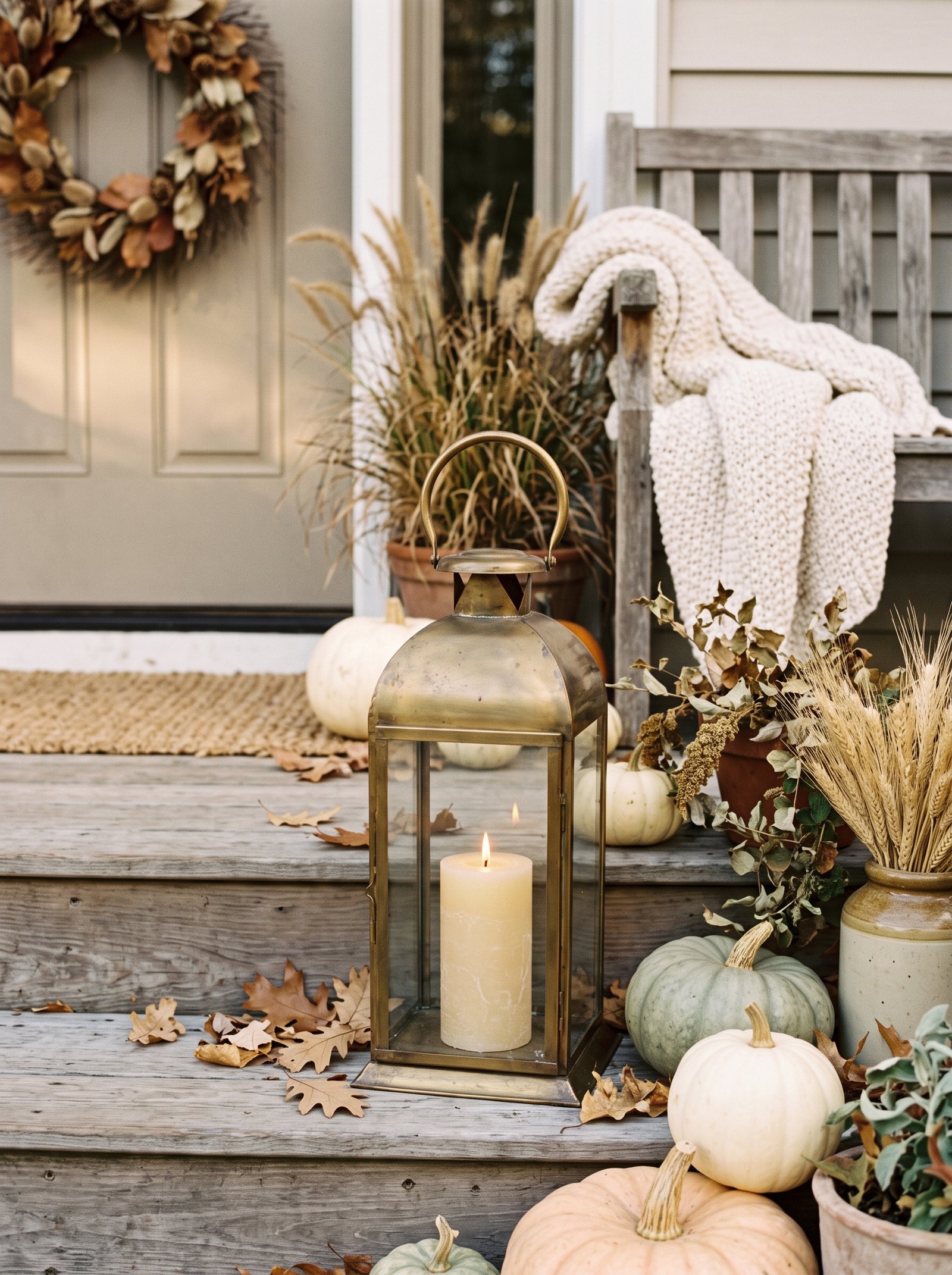 Hang a brass lantern with a pillar candle