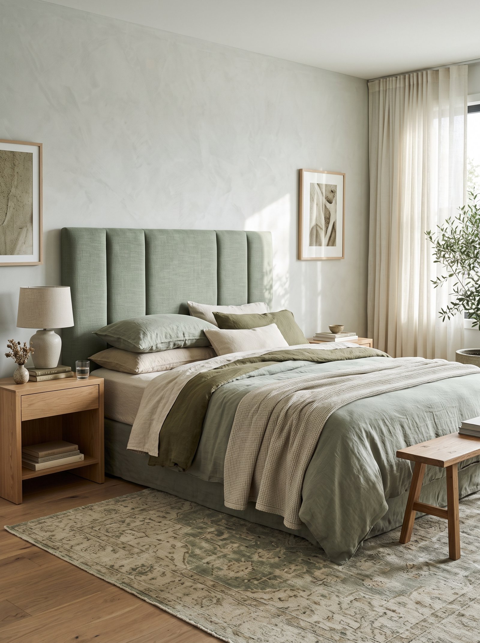 Install a sage upholstered headboard