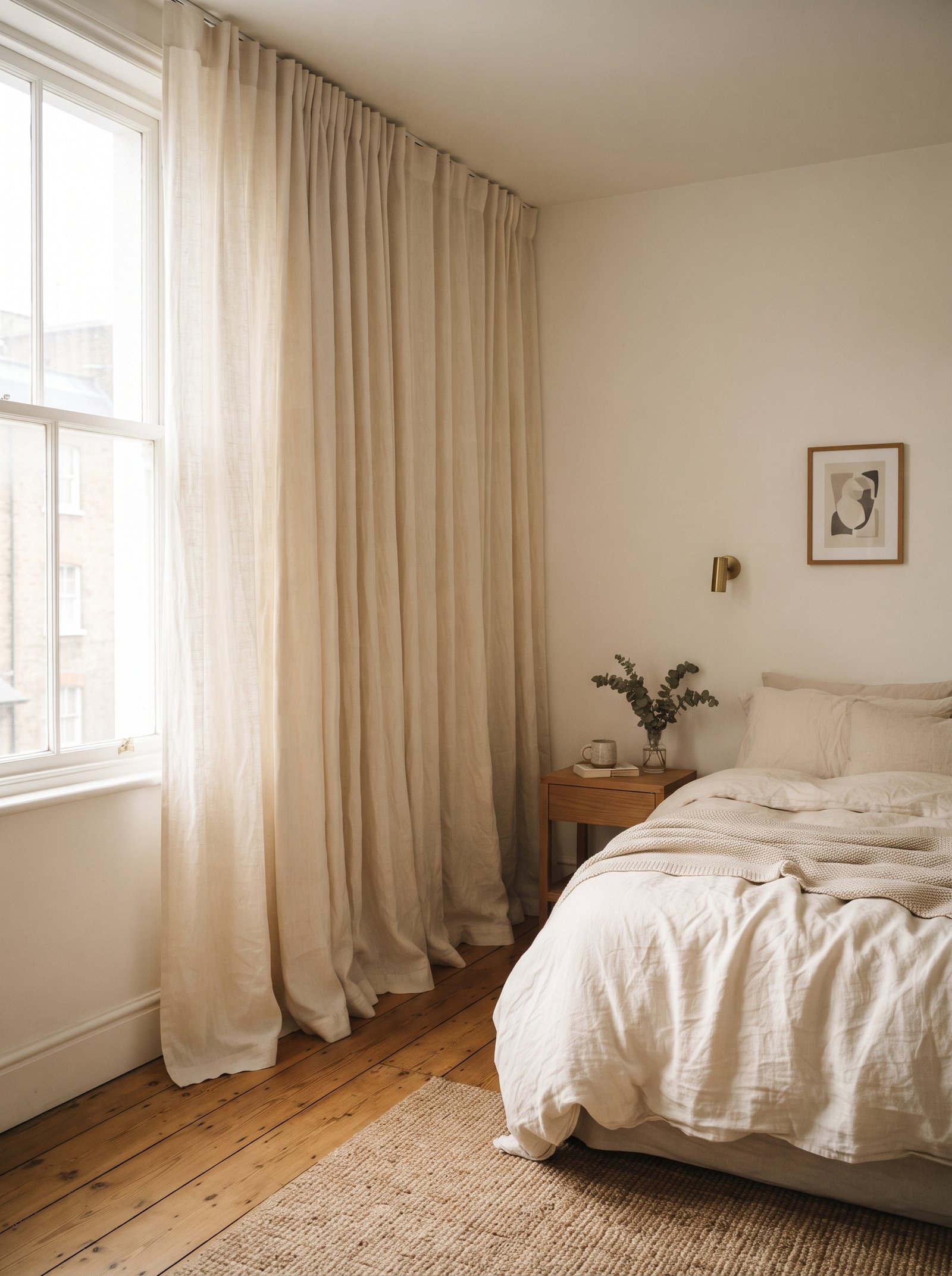 Floor to ceiling curtain panels hung high above a small bedroom window to add visual height