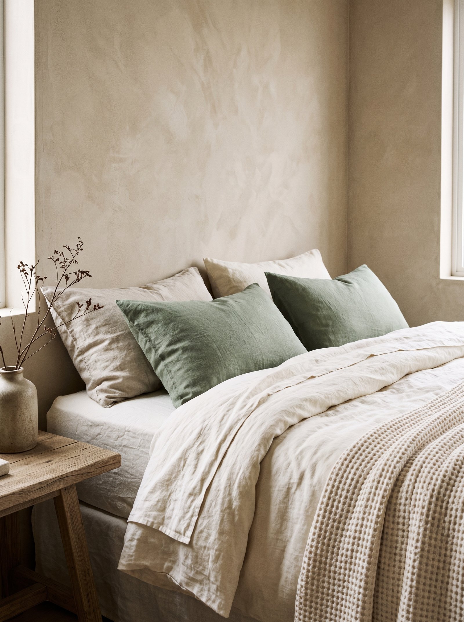 Beige walls with matte black picture frames window trim and small decorative objects creating modern contrast