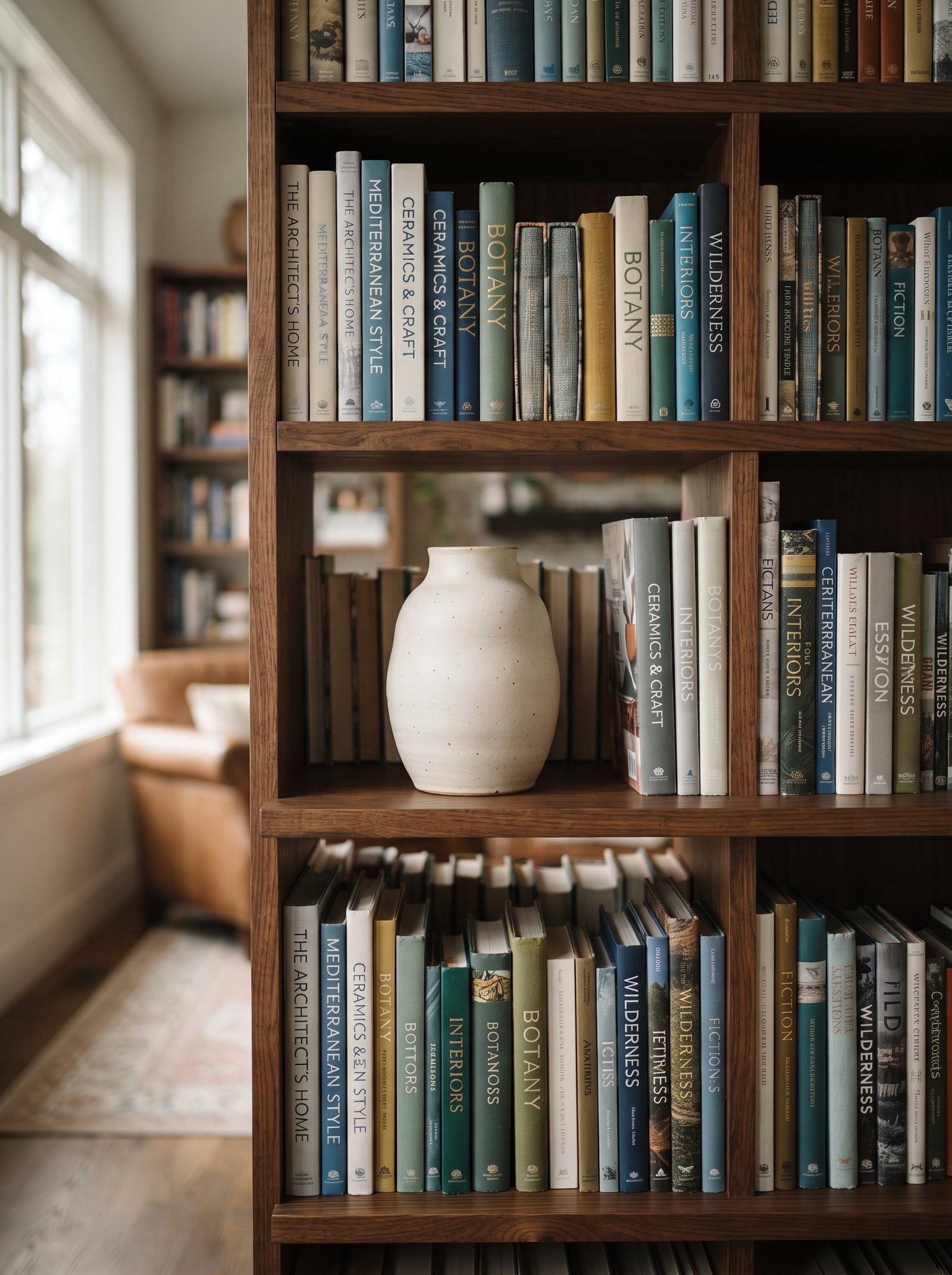 Books grouped by spine color — muted creams, warm taupes, and soft black spines together