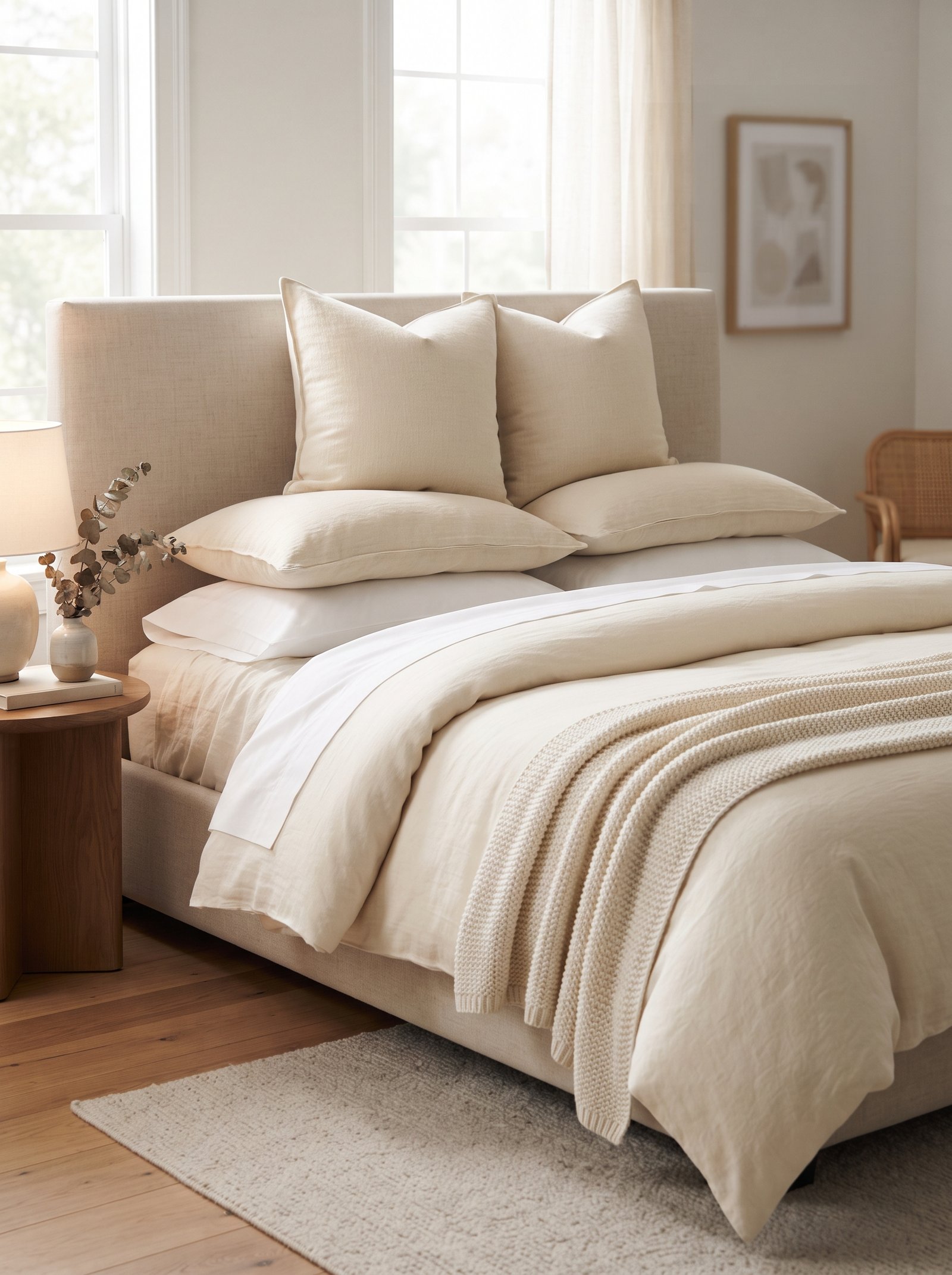 King duvet draped generously over a queen bed with soft overhang on the sides