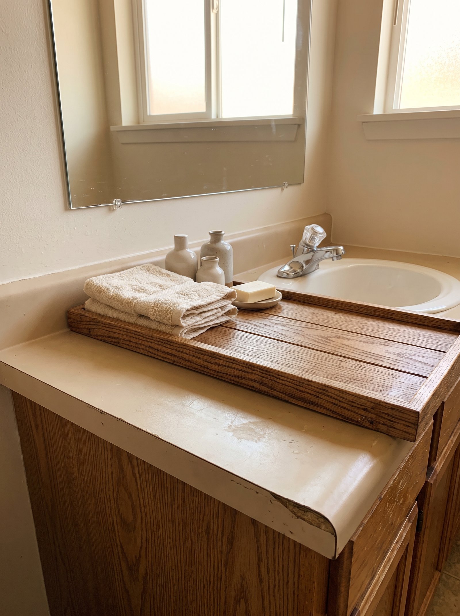 Hide the vanity counter with a wooden tray