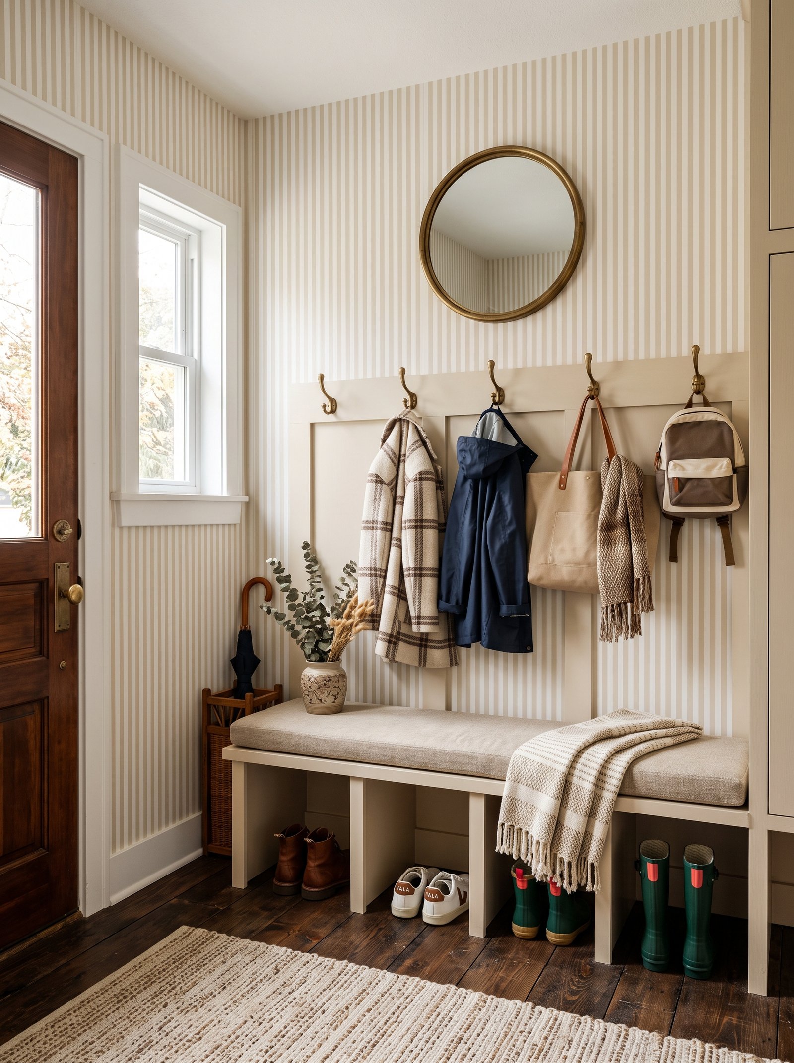 Vertical stripe wallpaper in the entryway