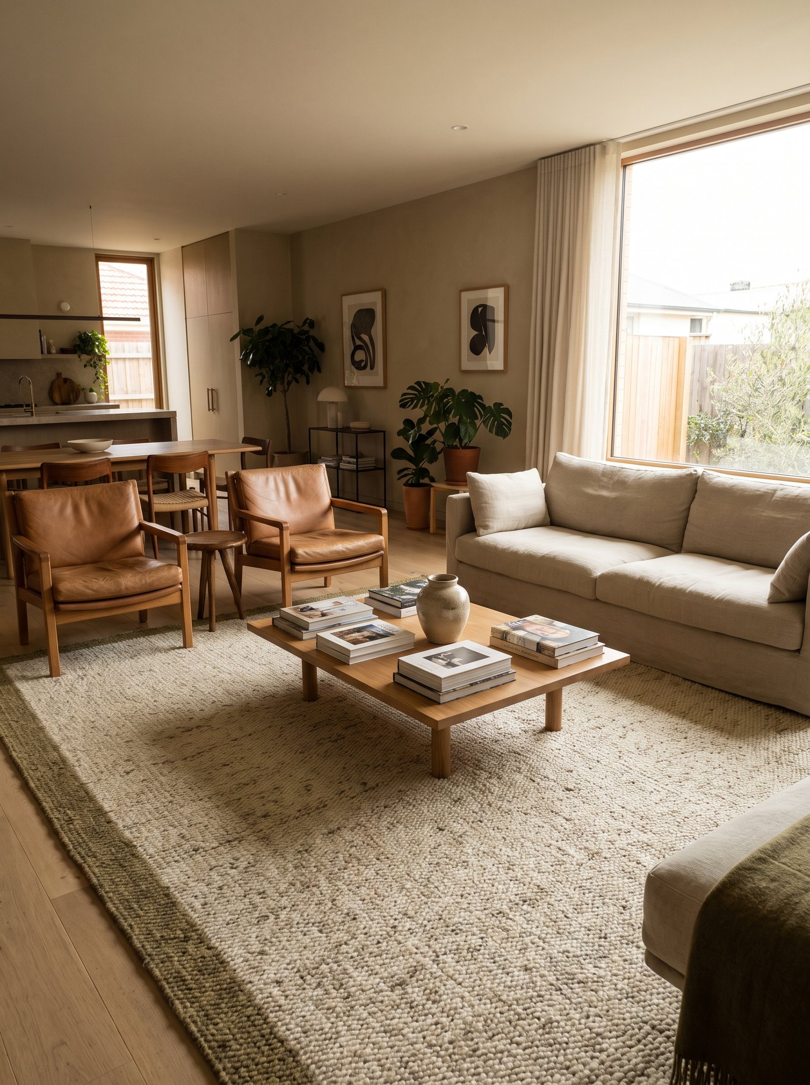 Define zones with area rugs in open-plan spaces