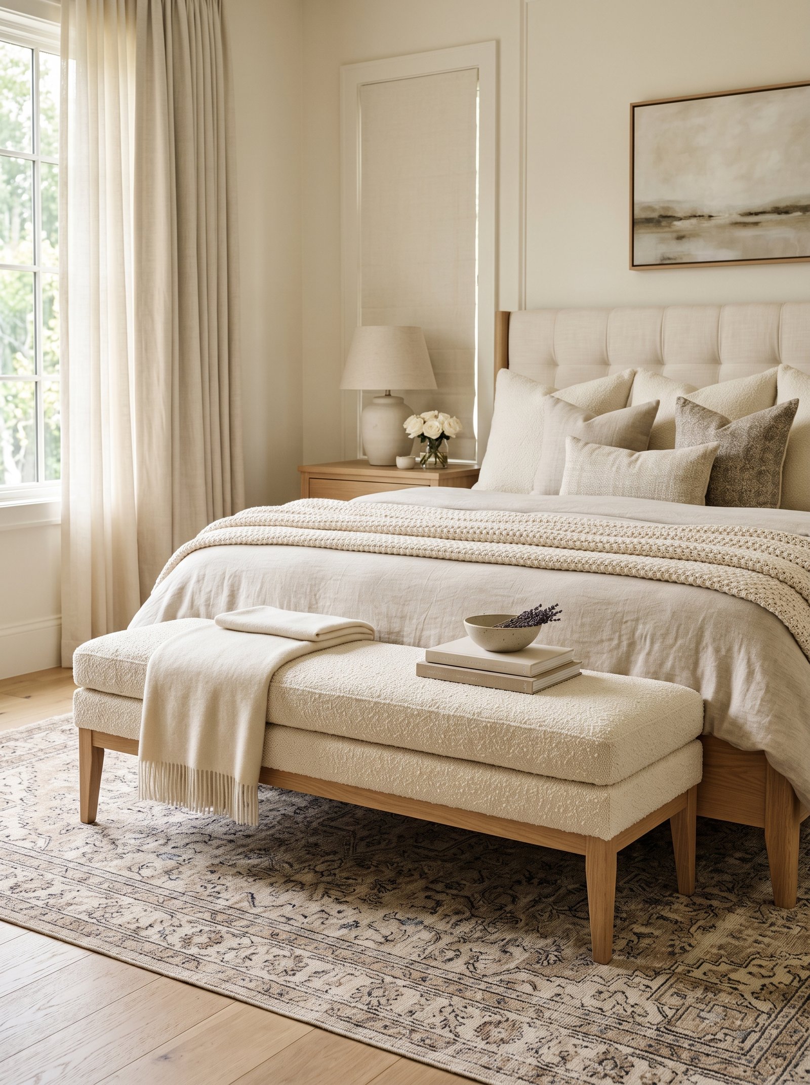 Add a cream bench at the foot of the bed