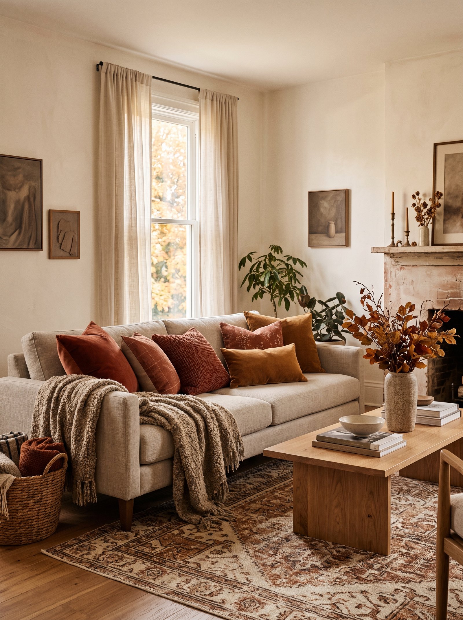Use muted rust and terracotta, not bright orange
