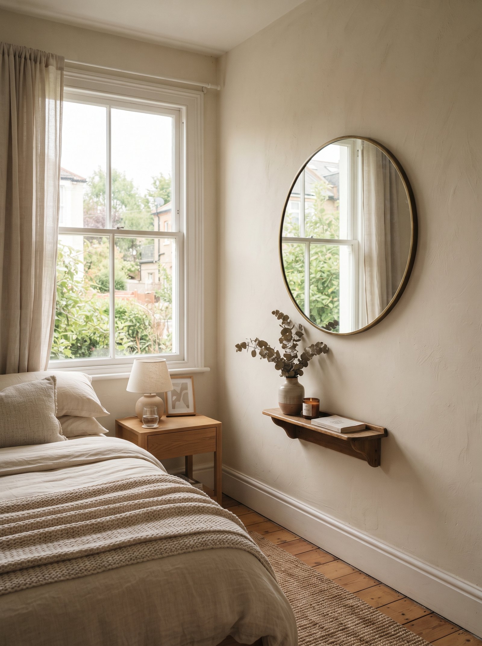 Large floor length mirror leaned against a small bedroom wall opposite a window reflecting daylight