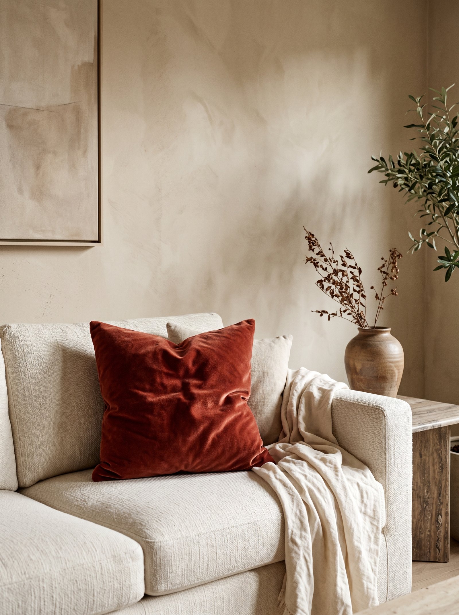 Caramel leather armchair and ottoman against beige walls in a reading corner with warm wood accents