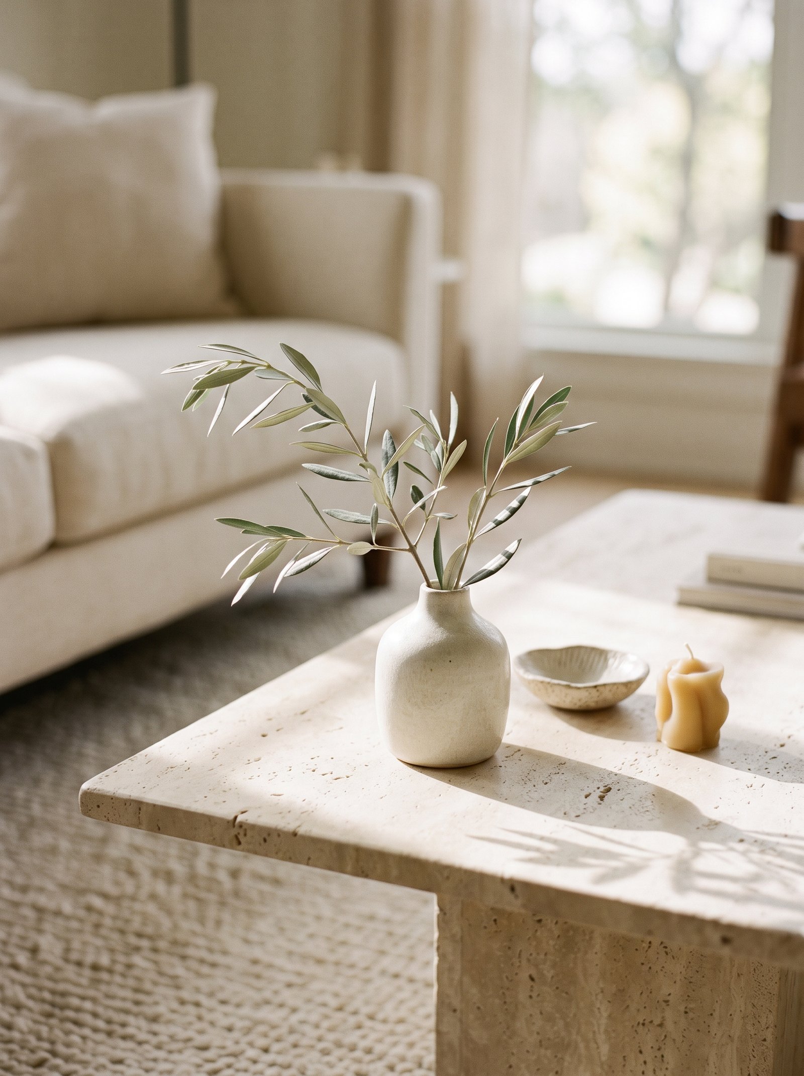Small olive branch arrangement in a hand-thrown stoneware vase as the living element on a coffee table