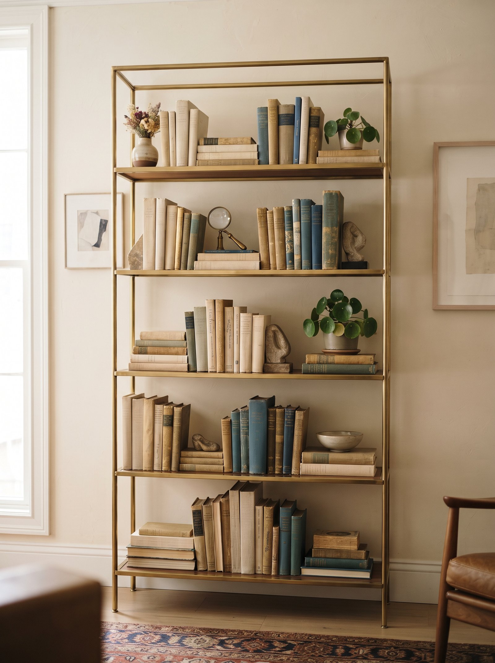 Bookshelf with some books turned pages-out to show warm cream page edges in a soft neutral grouping