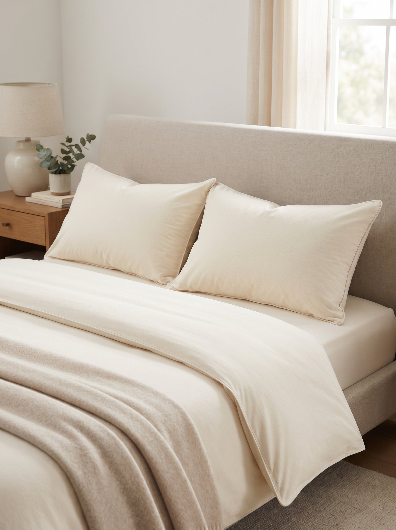 Sleeping pillows plumped and karate chopped in the center creating a tailored shape