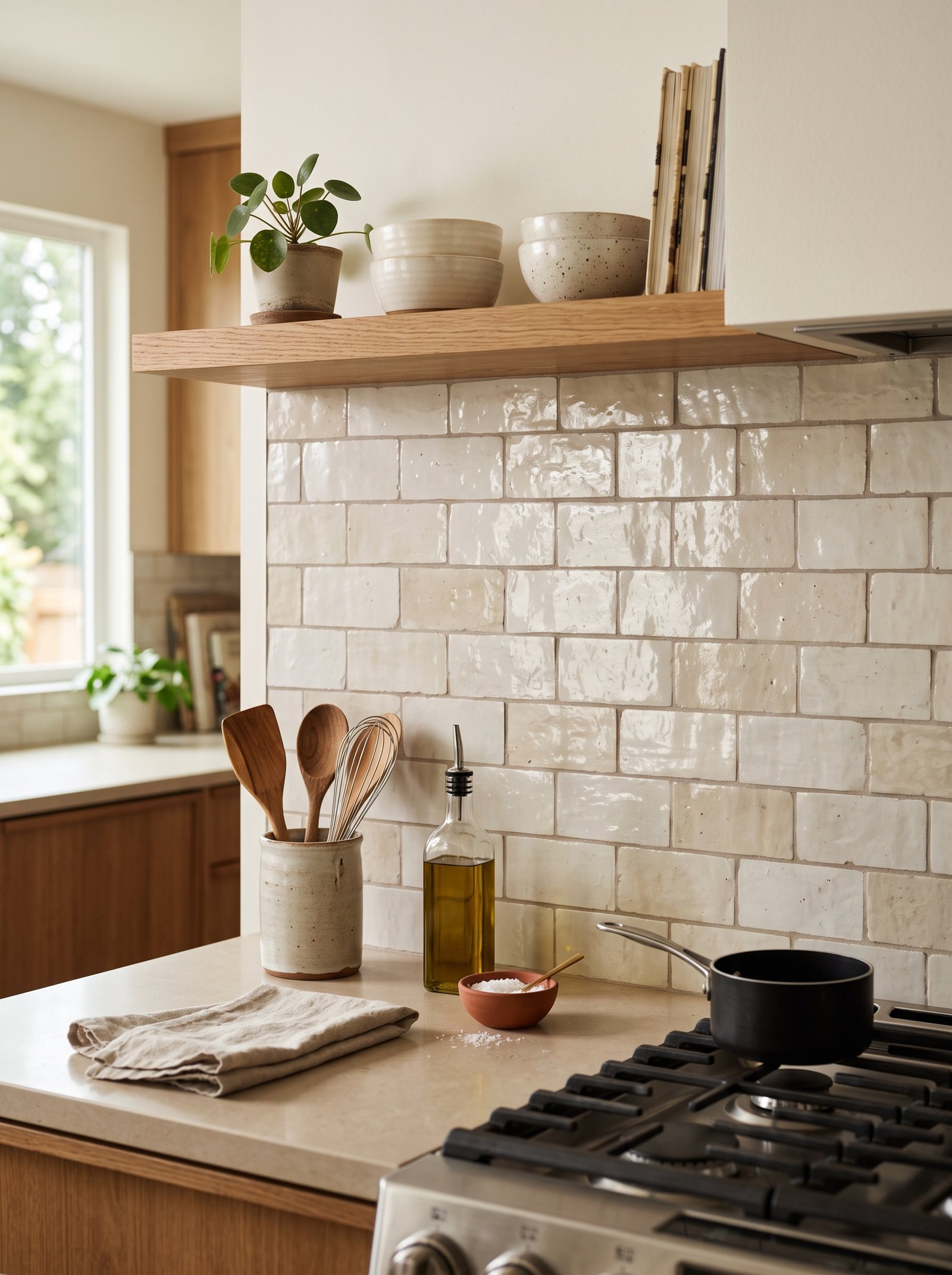 Faux zellige tile backsplash in the kitchen