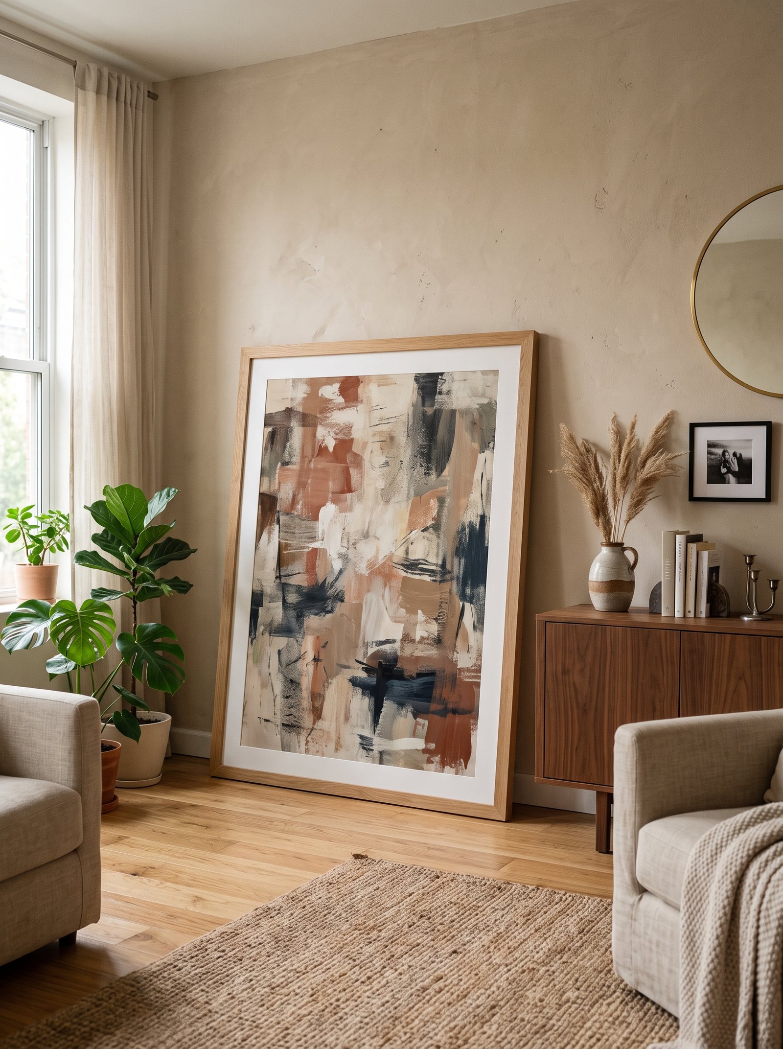 Lean oversized art against the beige wall