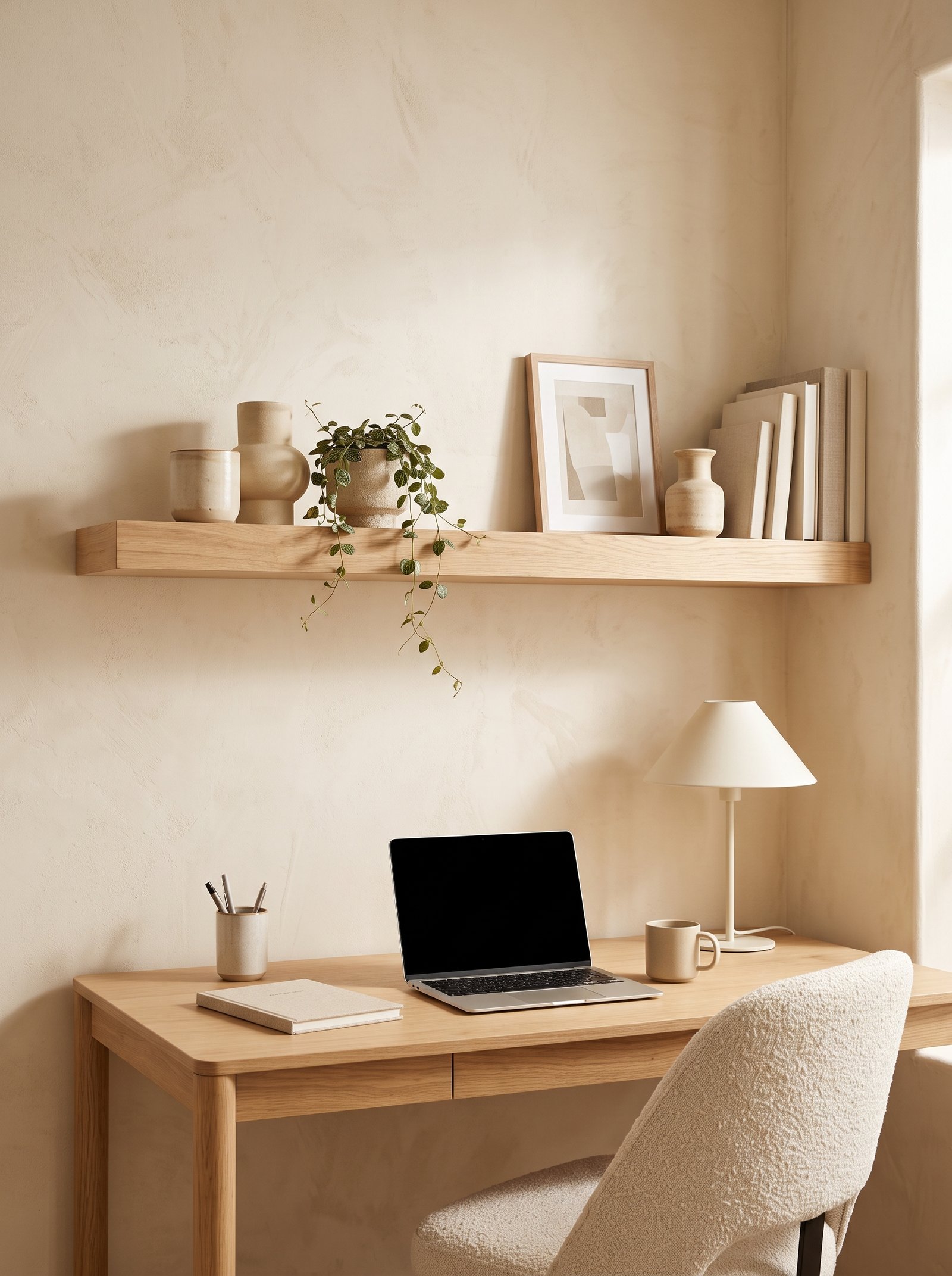 Install a floating shelf above the desk