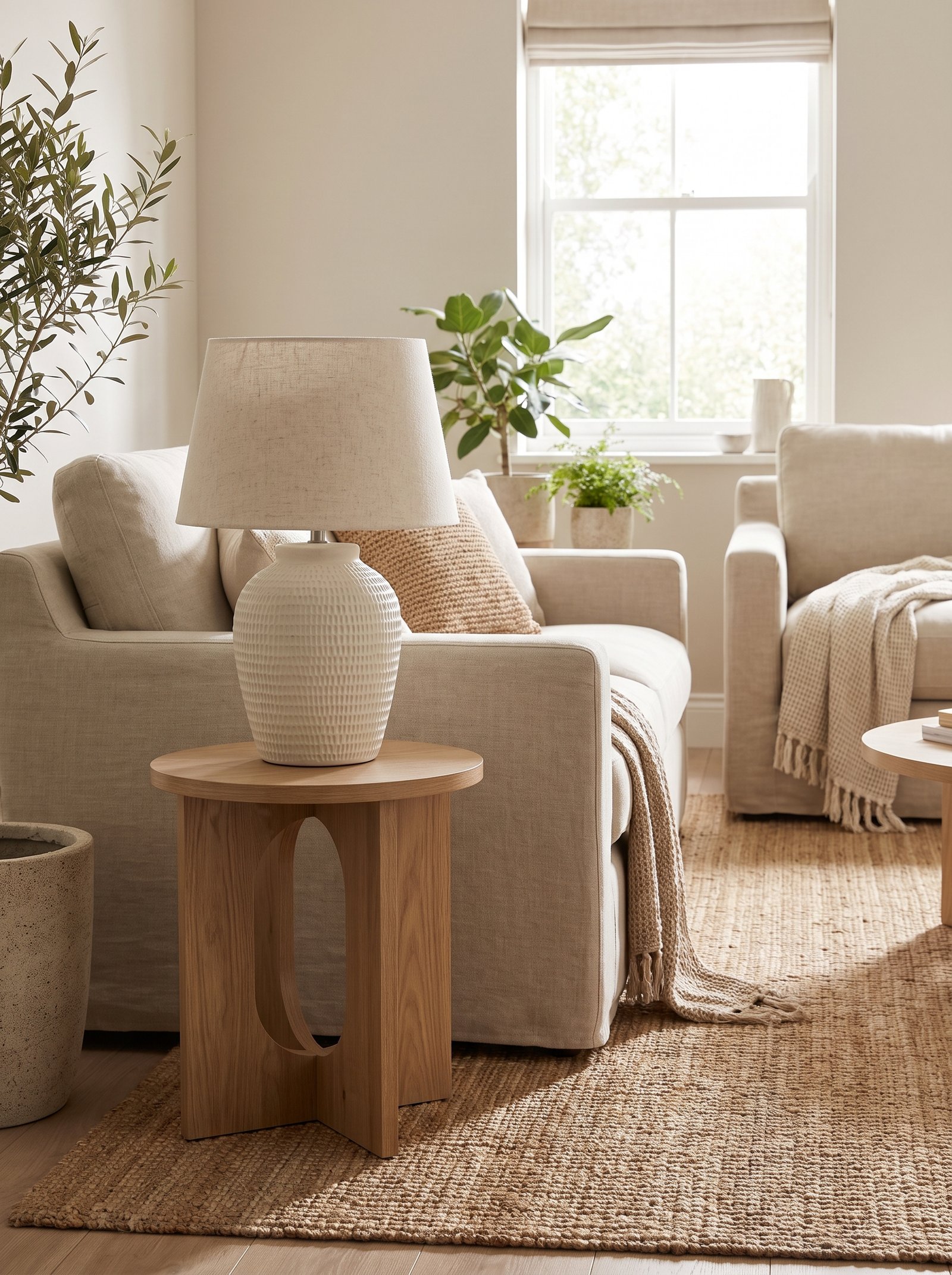 Place a warm ceramic table lamp on the side table