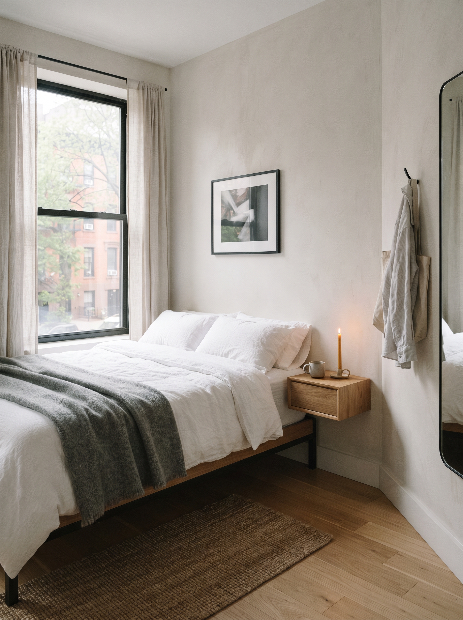 Minimal small bedroom with visible floor around the bed and no extra furniture crowding the space