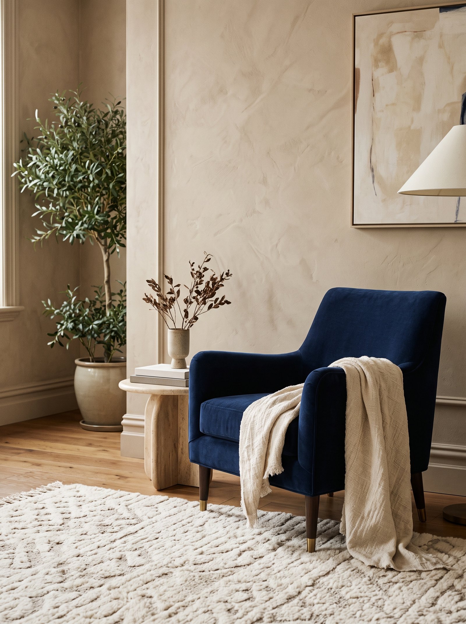 Dusty sage green pillows and throw on a cream sofa against beige walls in a calm living room