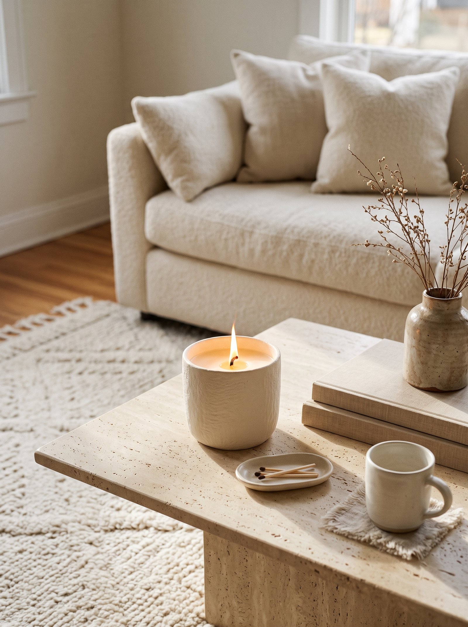 Three pillar candles of different heights grouped on a brass tray on a coffee table
