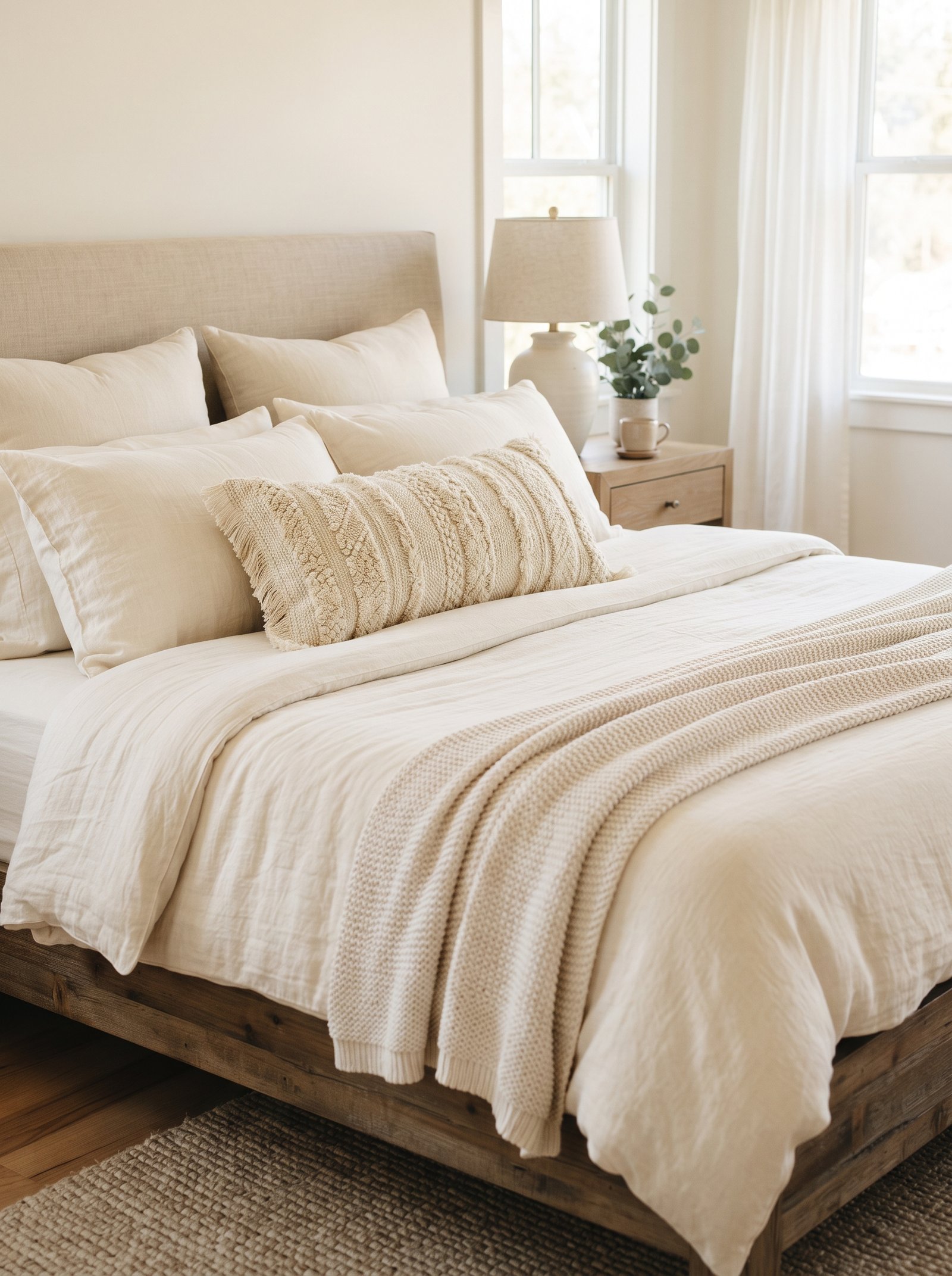 Two large square euro shams propped against the headboard behind standard sleeping pillows