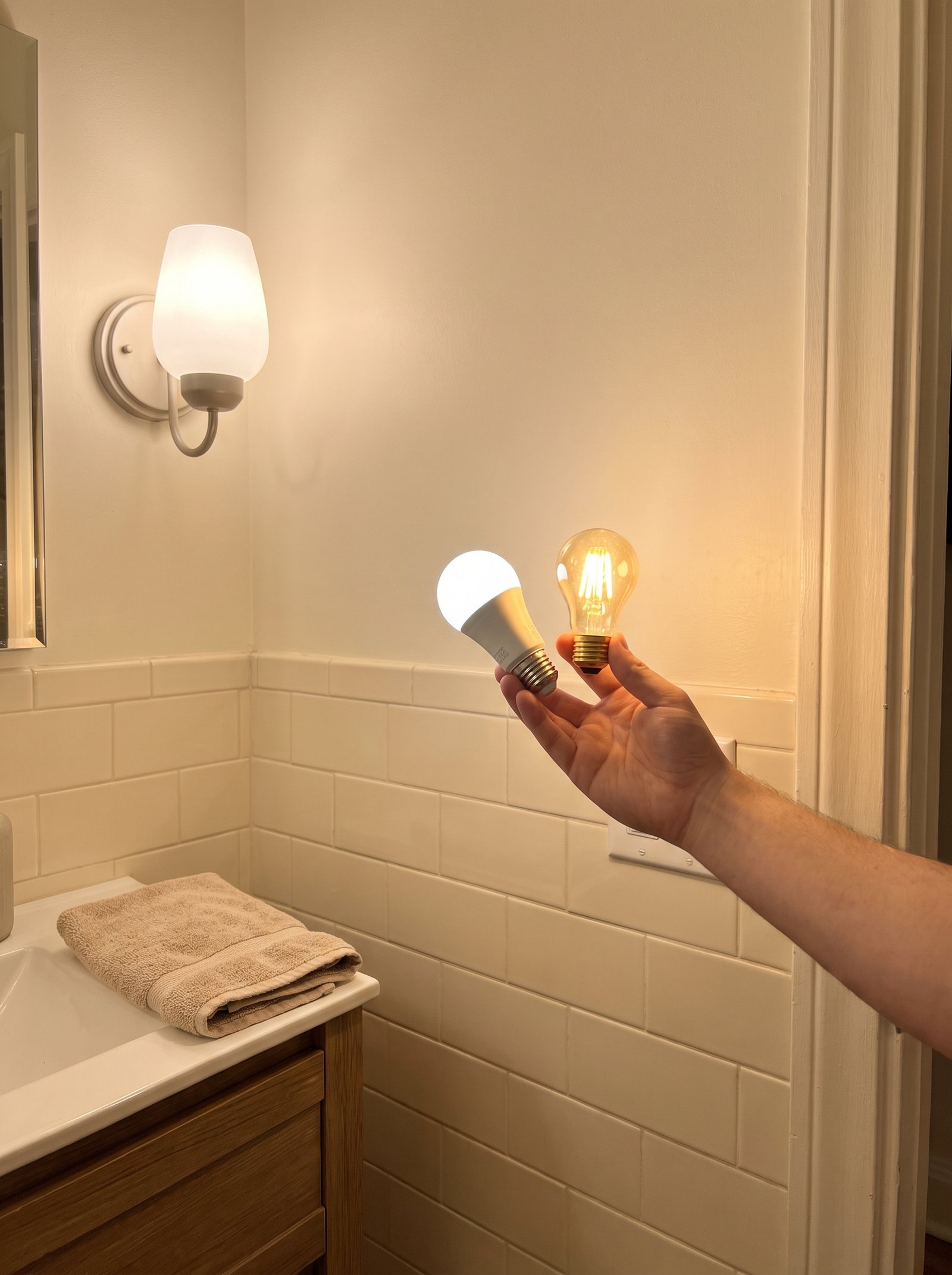 Swap every bathroom bulb to 2700K warm white