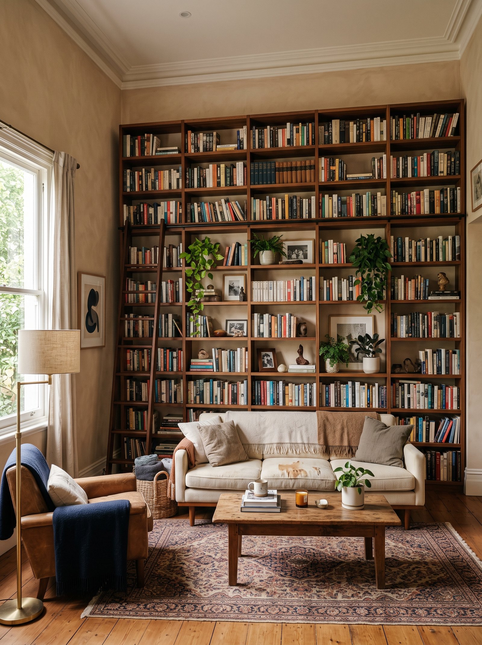 Install a tall bookshelf to cover a wall