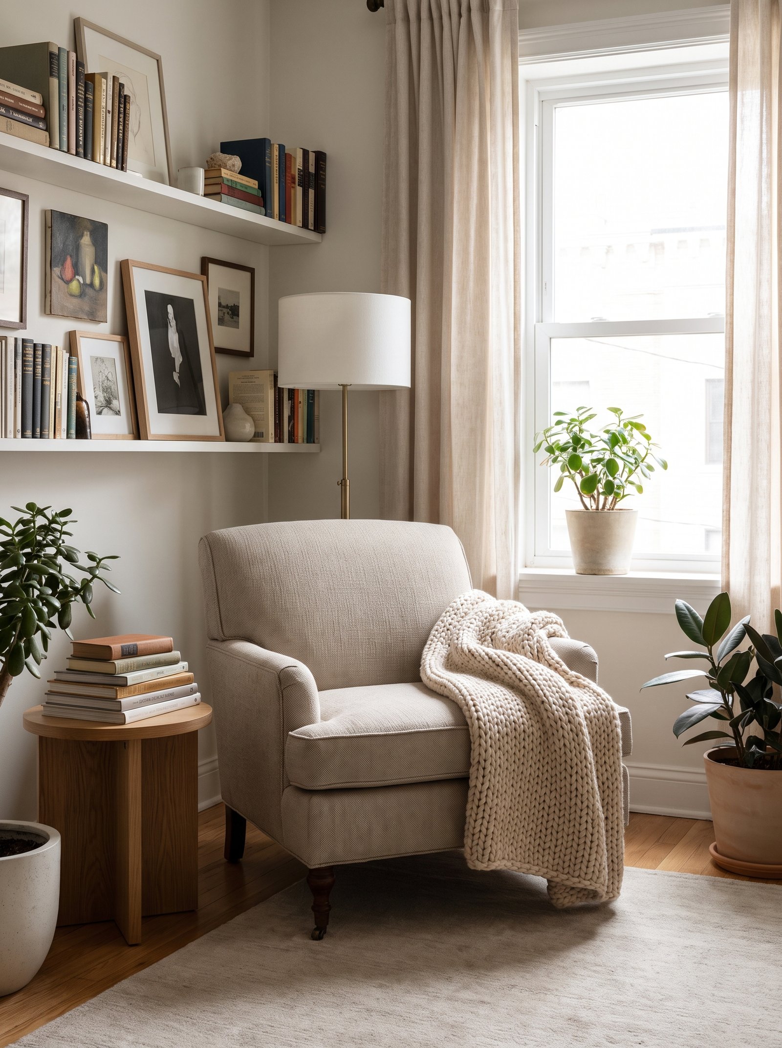 A single sofa facing a reading nook for small rooms