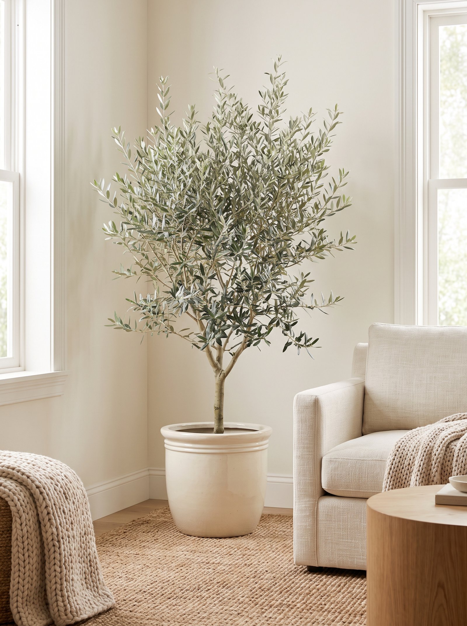 Place a tall olive tree in a corner