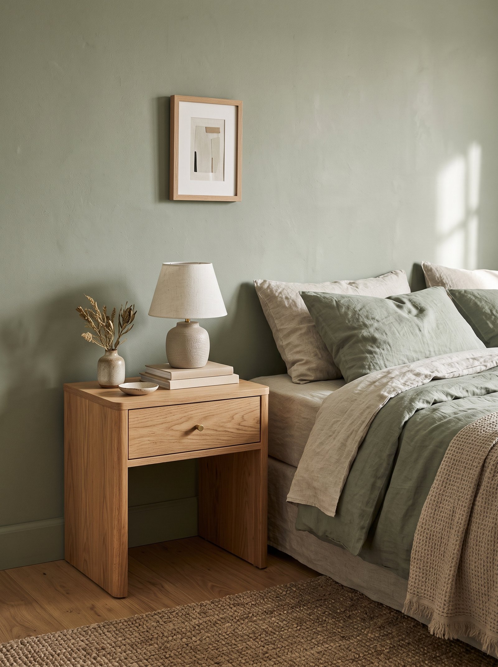 Add warm oak nightstands