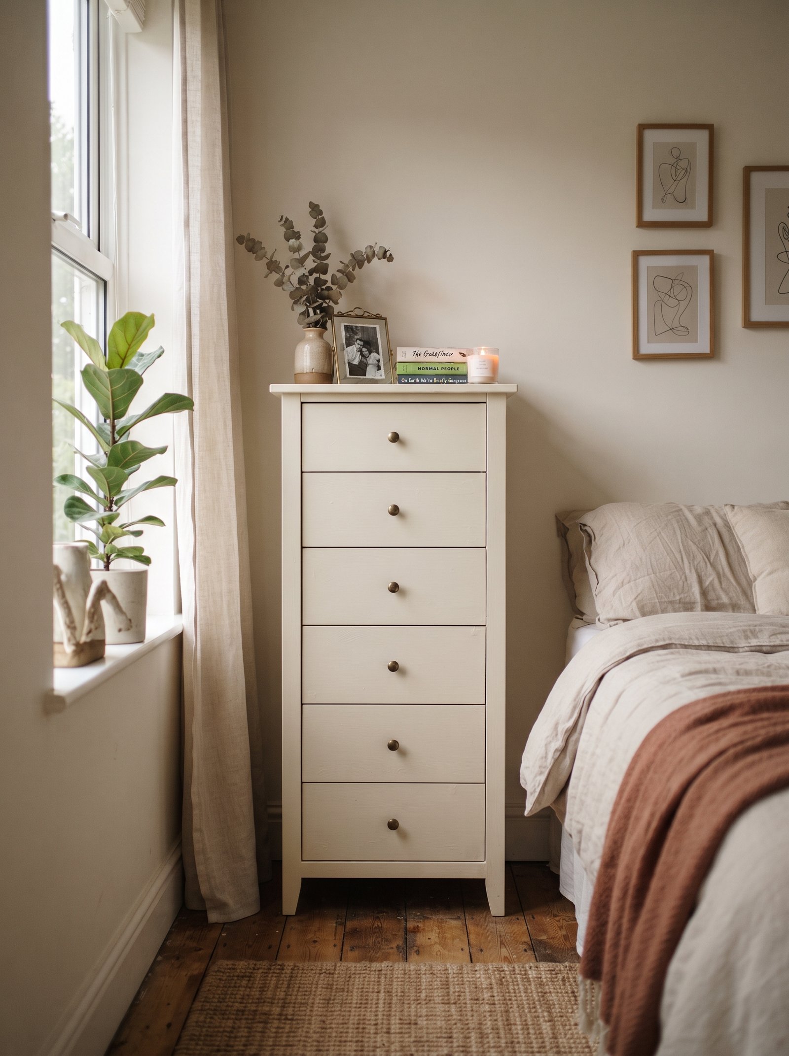 Bed raised on bed risers with storage bins visible underneath in a small bedroom