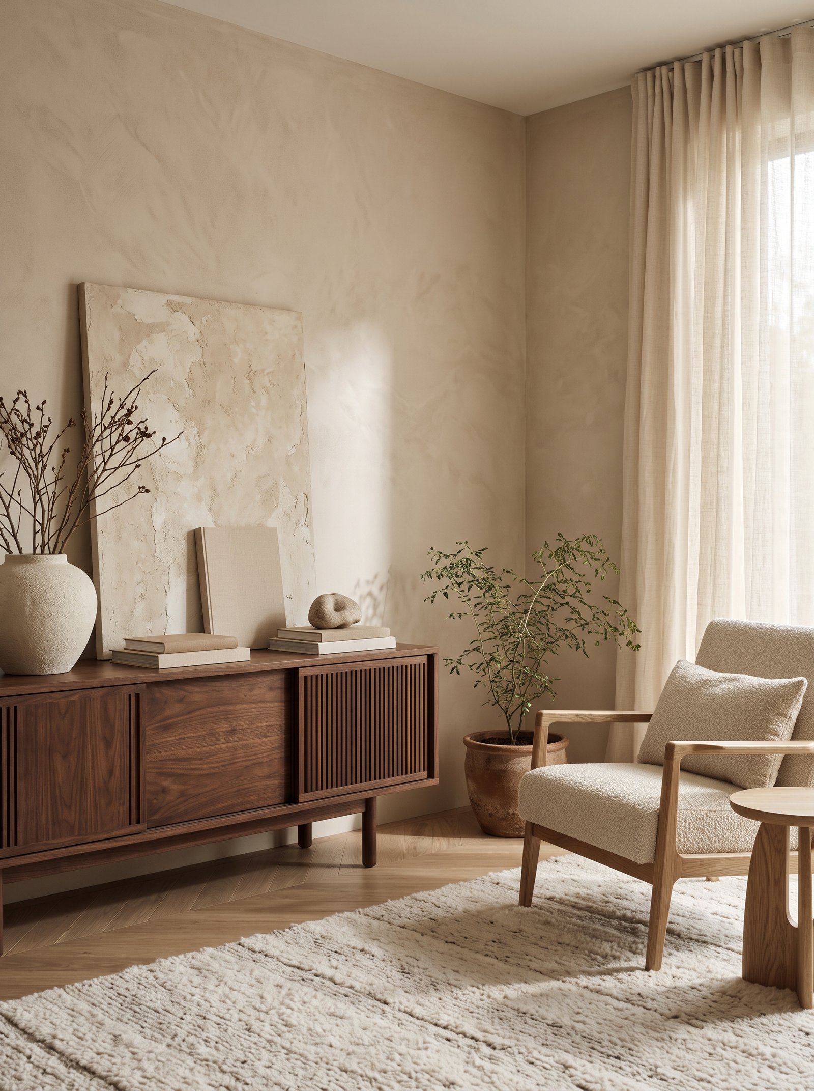 Beige room layered with cream and warm white textiles bedding curtains and furniture for a tonal palette