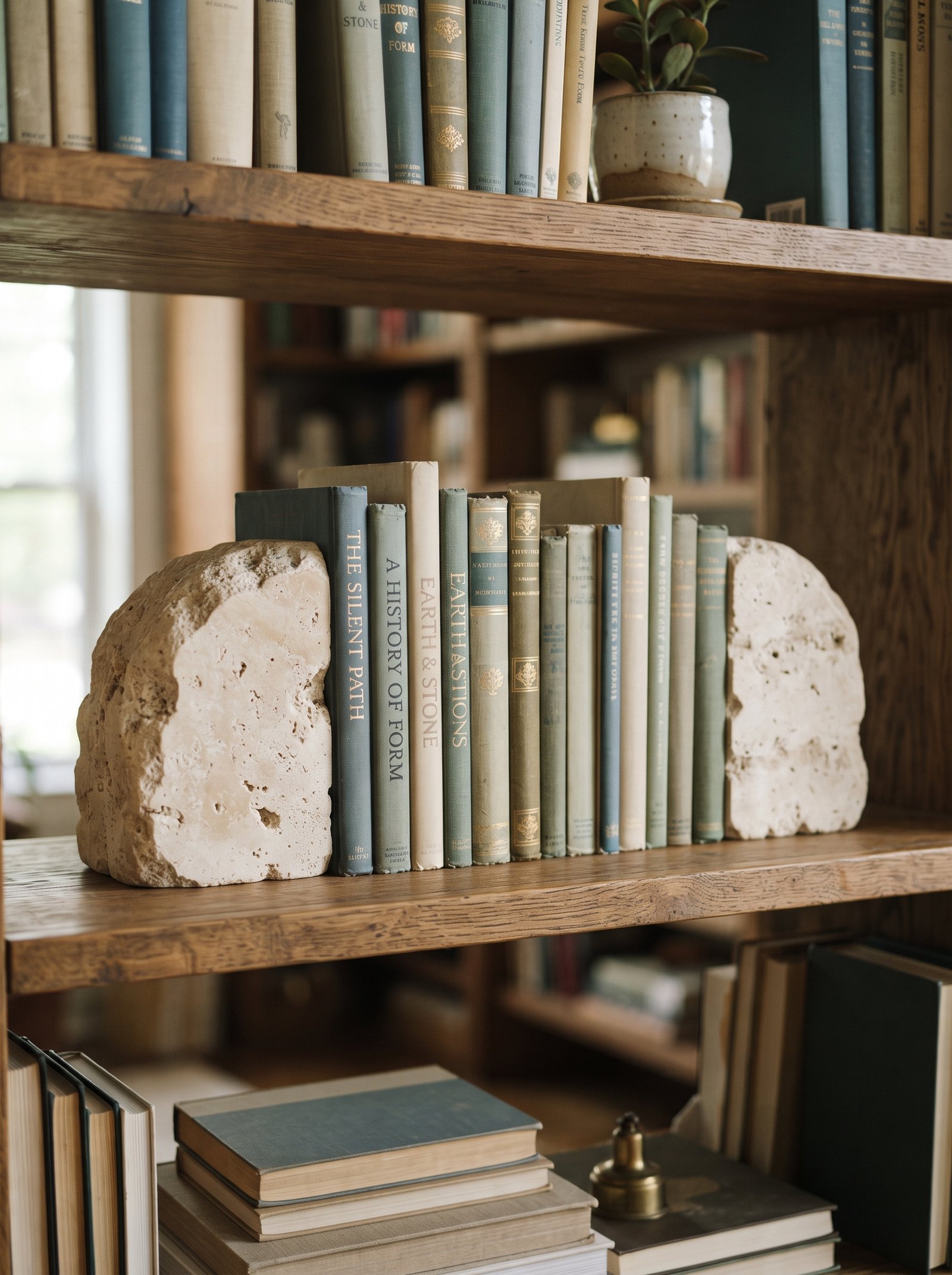 Shelf vignette with three decorative objects at three different heights grouped next to a book stack