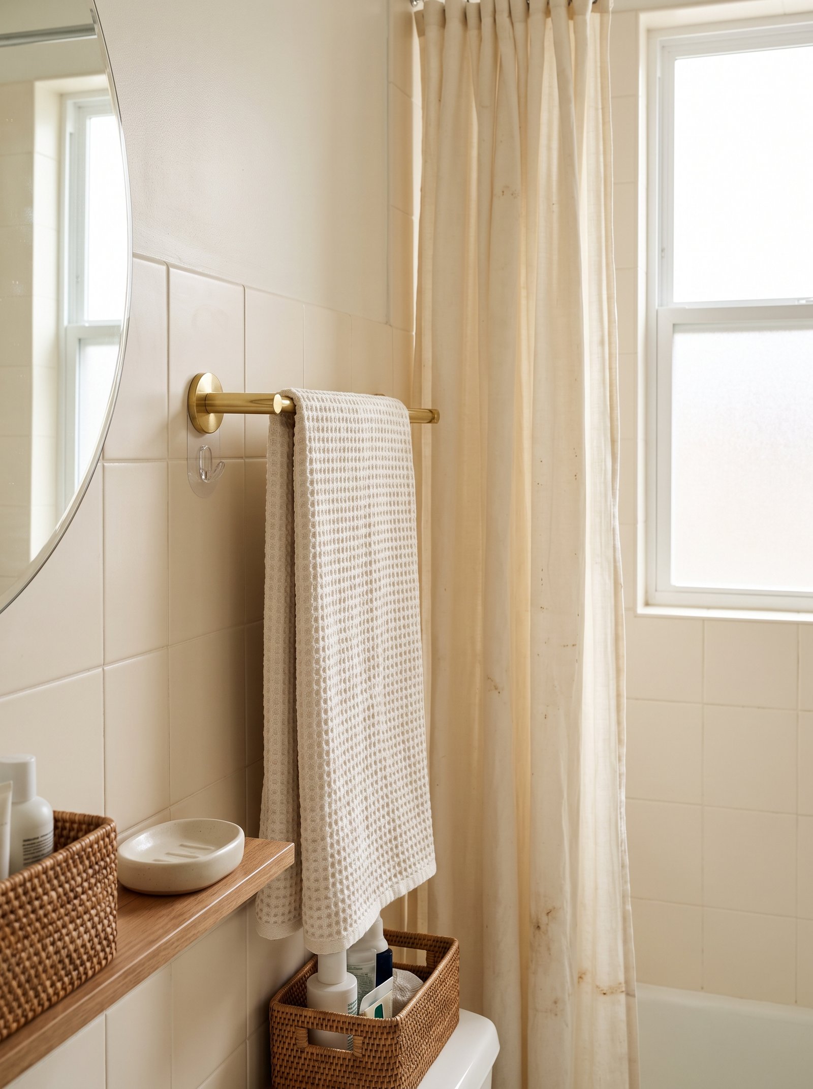 Mount brass Command hooks for towels