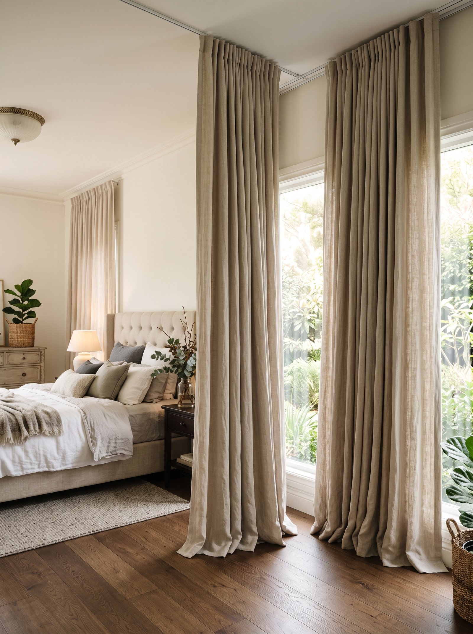 Hang ceiling-height linen curtains