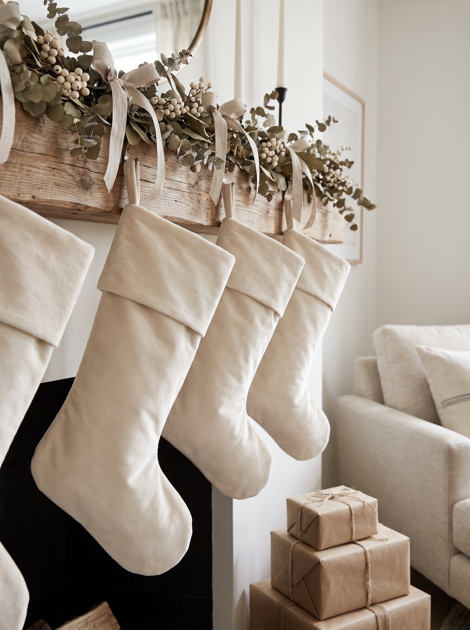 Hang neutral velvet or linen stockings