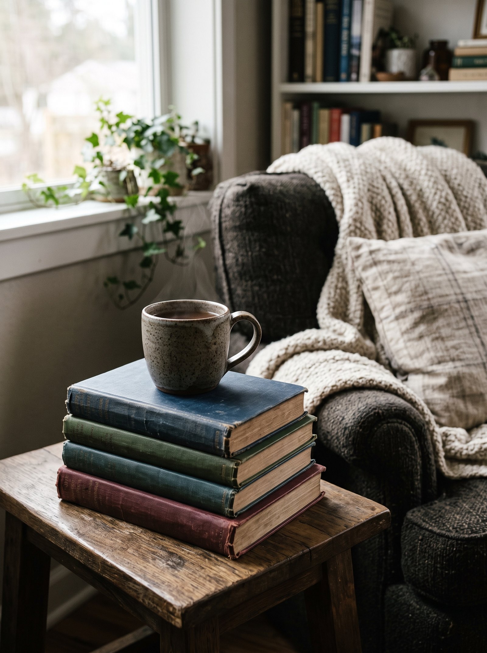 Style with a stoneware mug on a book stack