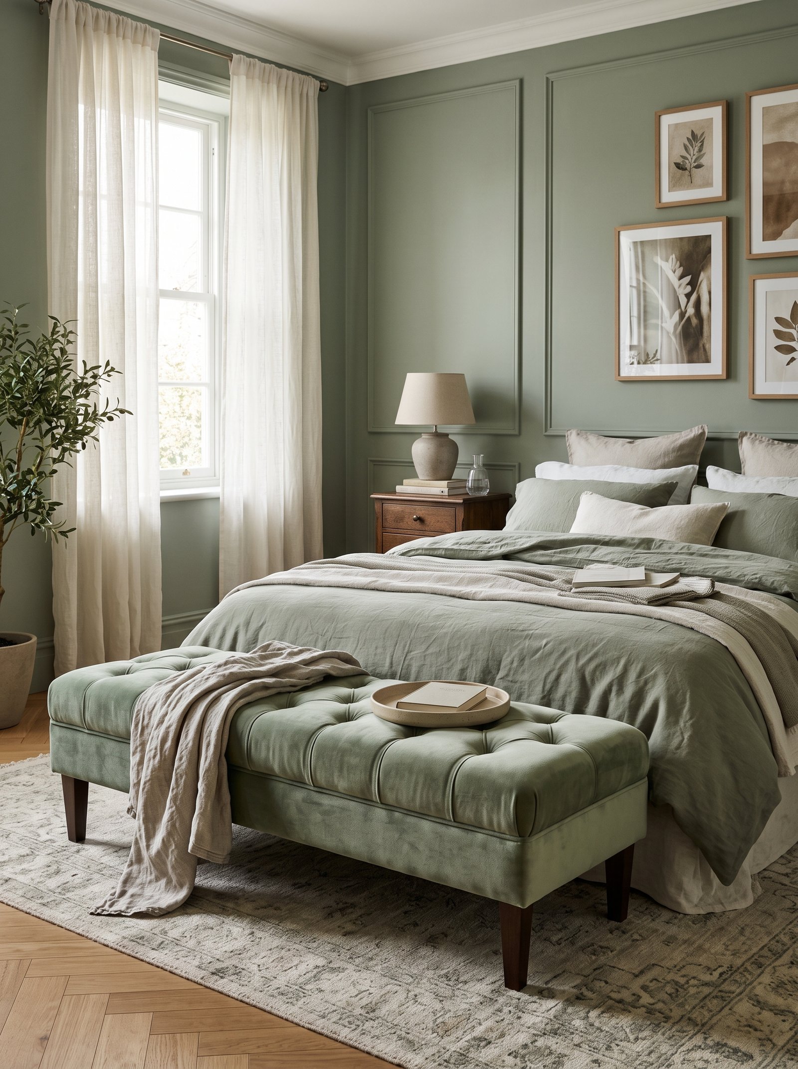 Add a sage velvet bench at bed foot