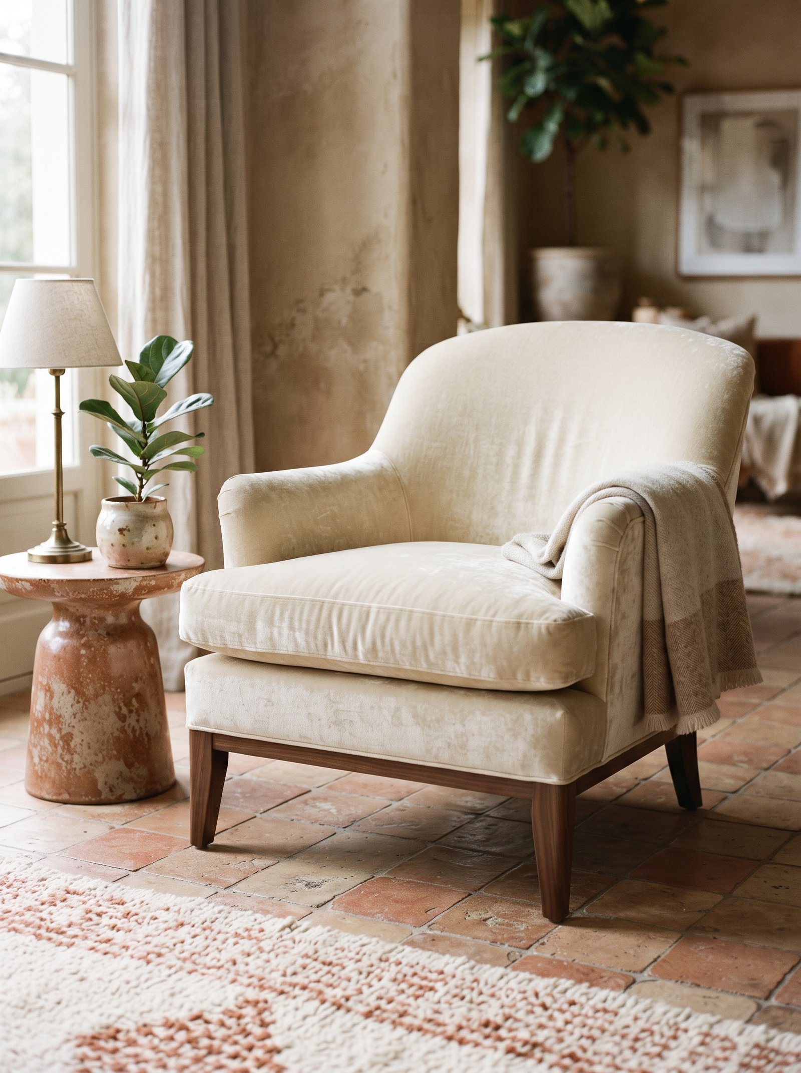 Neutral living room with cream sofa and oak coffee table, one terracotta armchair as the color accent