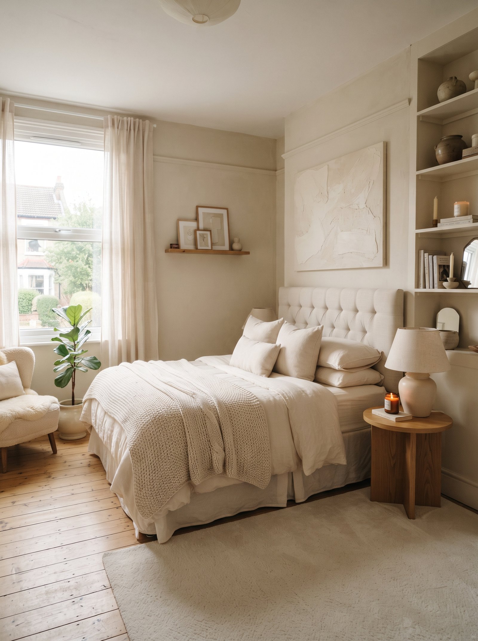 Monochromatic cream and oatmeal small bedroom with layered textures but no contrasting colors