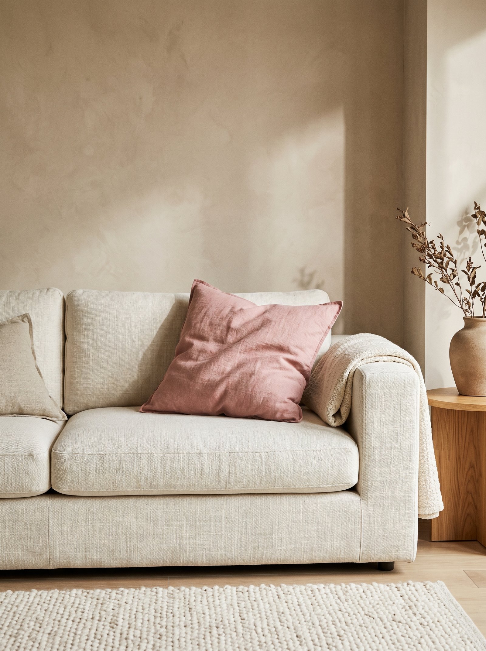 Camel-colored boucle sofa and camel wool throw blankets in a beige-walled living room