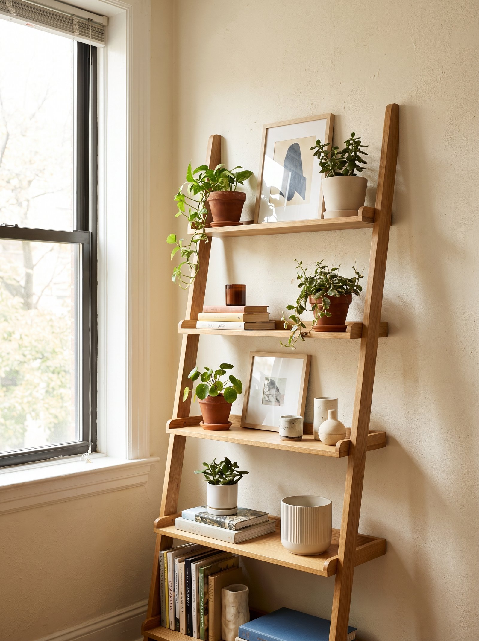 Lean a ladder shelf against the wall